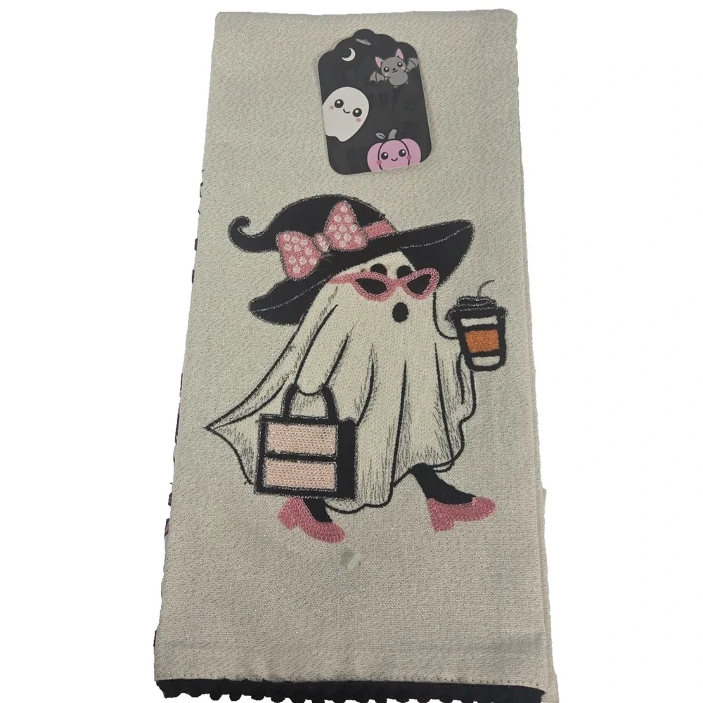 Halloween Ghost Kitchen Towels Set of 2 Pink Ghost Witch Coffee Embroidered20x28